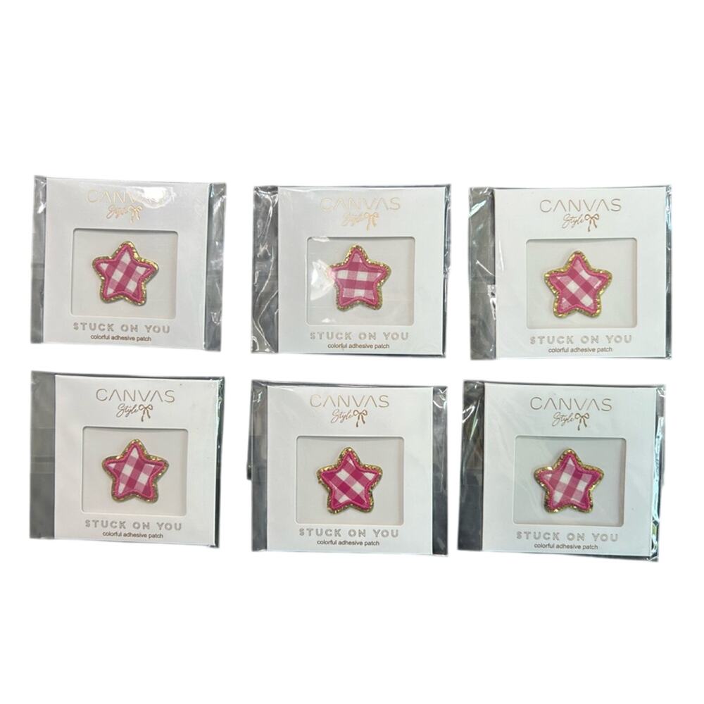 Canvas Star Pins with Pink Gingham Pattern - golden trim NWT lot of 6- patches